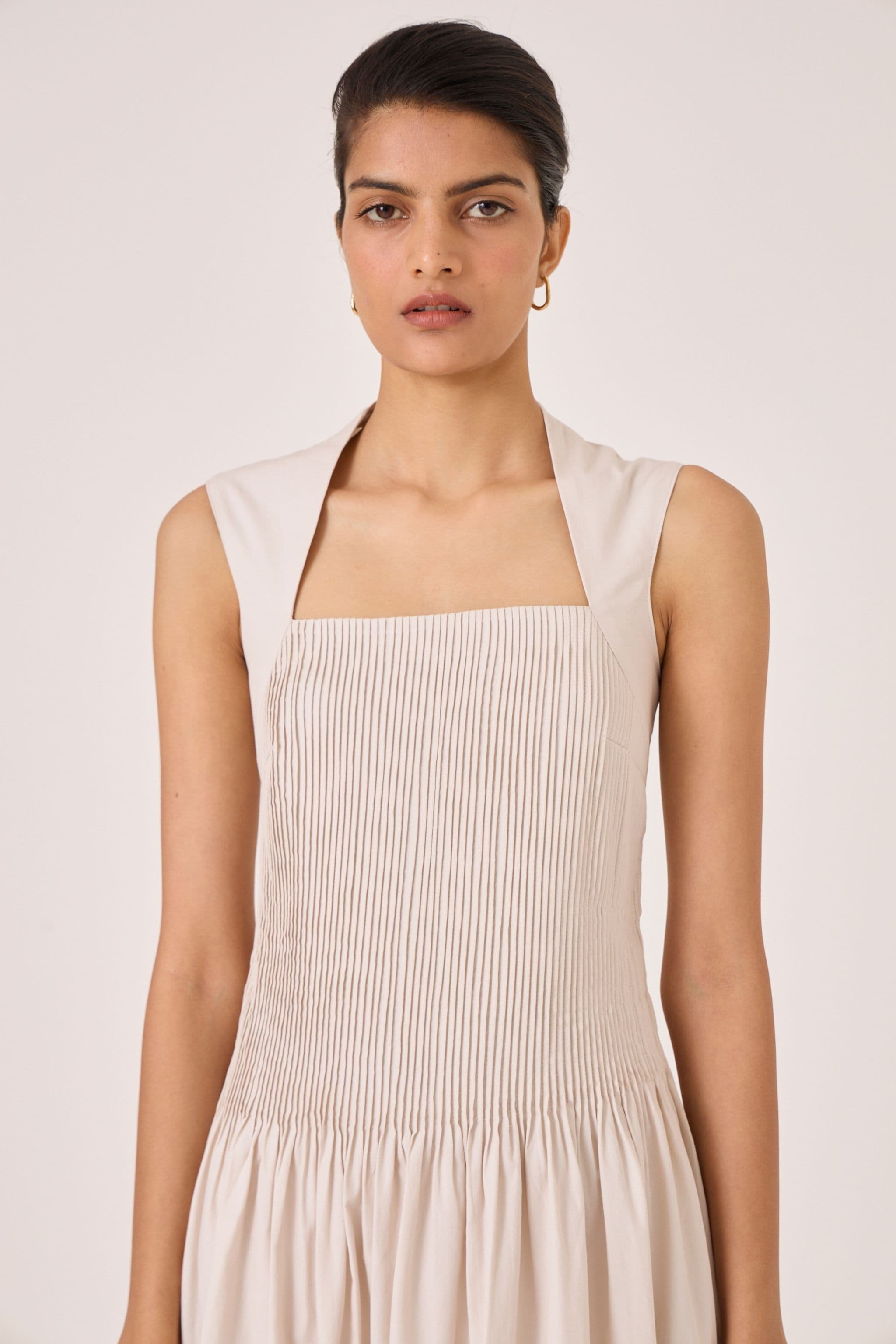Ziva Ecru Pleated Midi Dress